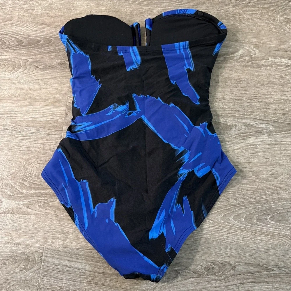 DKNY Women's U-Wire Bandeau Shirred One-Piece Swimsuit Brush Stroke Blue Small - Picture 7 of 8